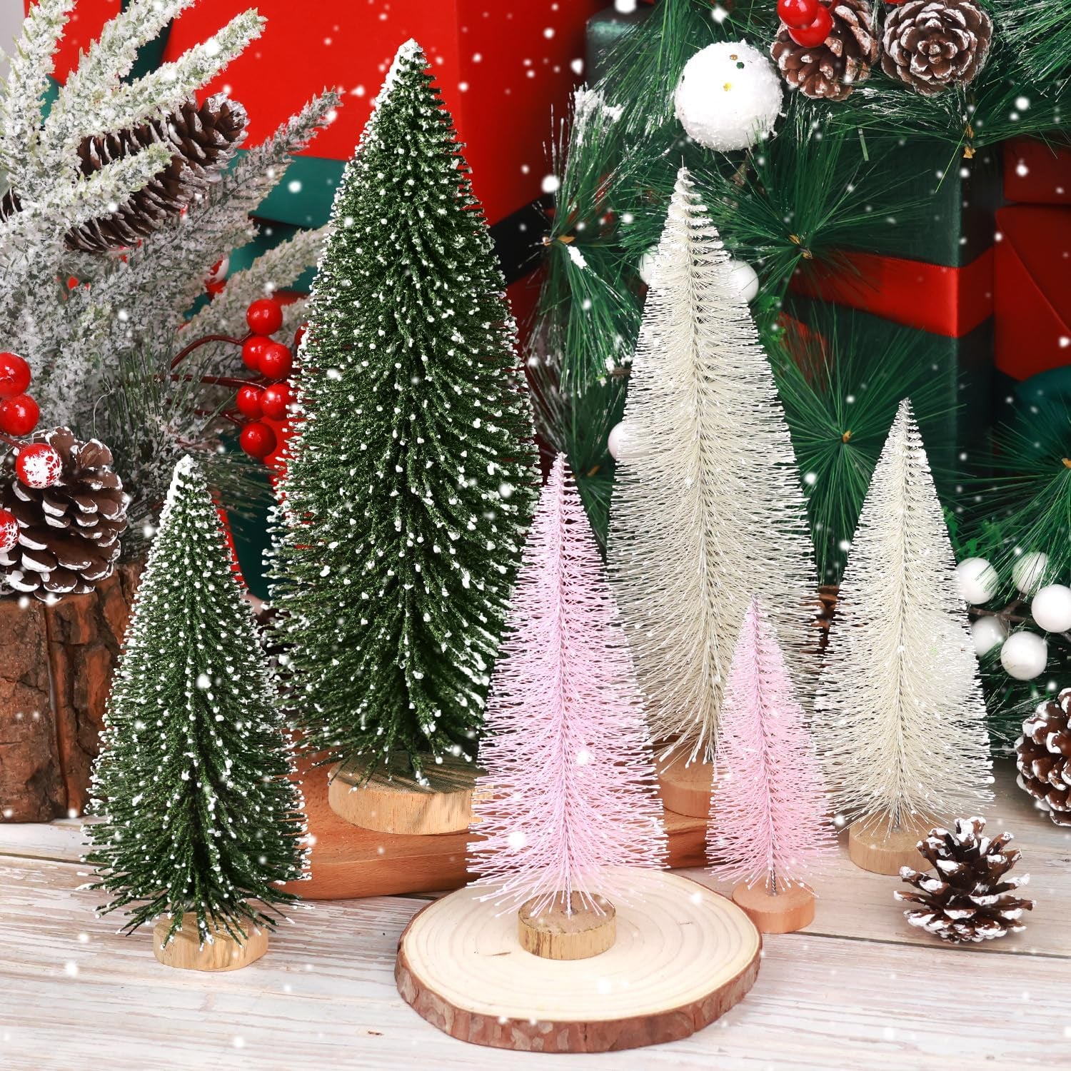 6Pcs Mini Christmas Trees Christmas Decor, Artificial Christmas Mini Bottle Brush Trees Tabletop, Christmas Decoration Trees with 4 Size Xmas Holiday Decor (6Pcs Green+Pink+Beige)