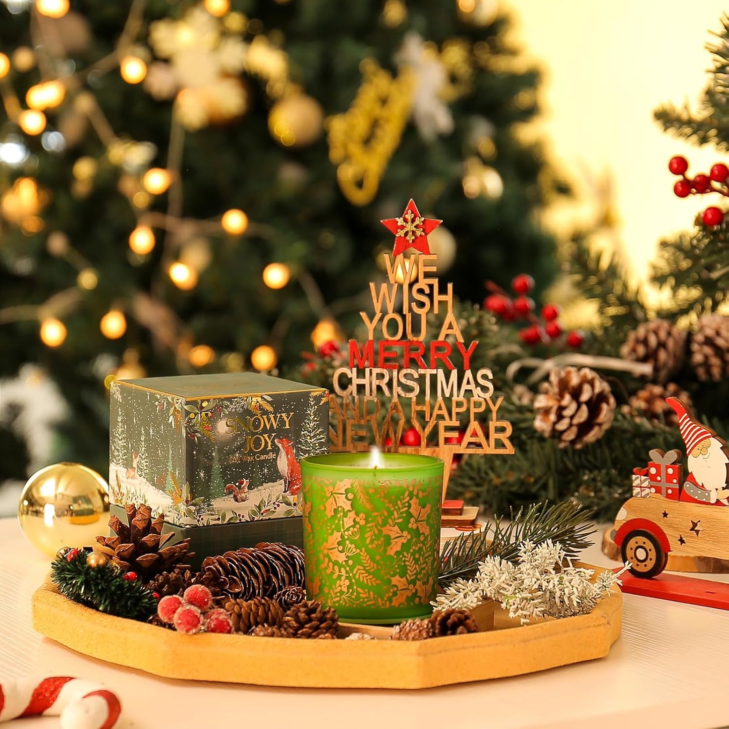 Christmas Scented Candle - 6Oz Soy Wax Candle, Snowy Joy, Infused with Fresh-Cut Spruce Branches Aroma - Green and Gold Gift Box for Holiday Season Gift