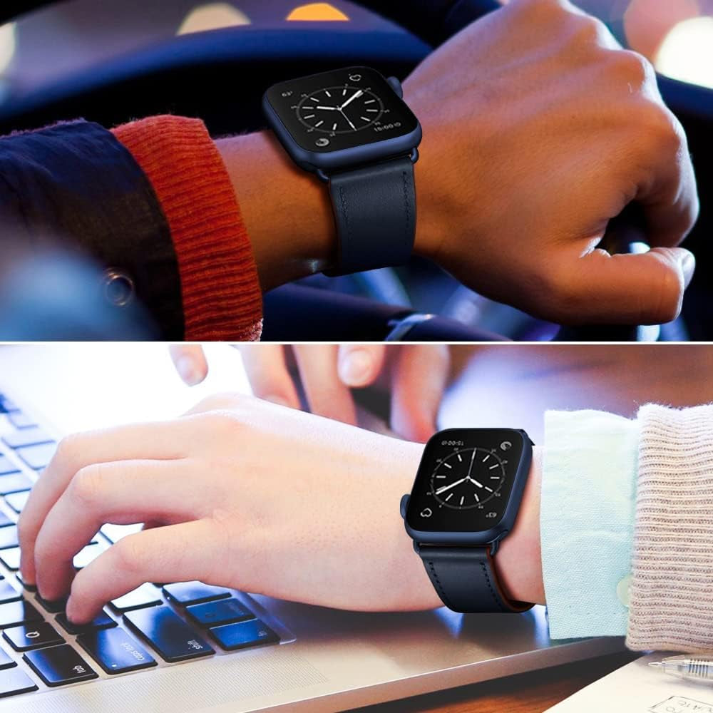 Compatible with Apple Watch Band 49Mm 46Mm 45Mm 44Mm 42Mm(Series 3 2 1), Genuine Leather Band Replacement Strap Compatible with Apple Watch (Black/Black+Dark Blue/Blue)