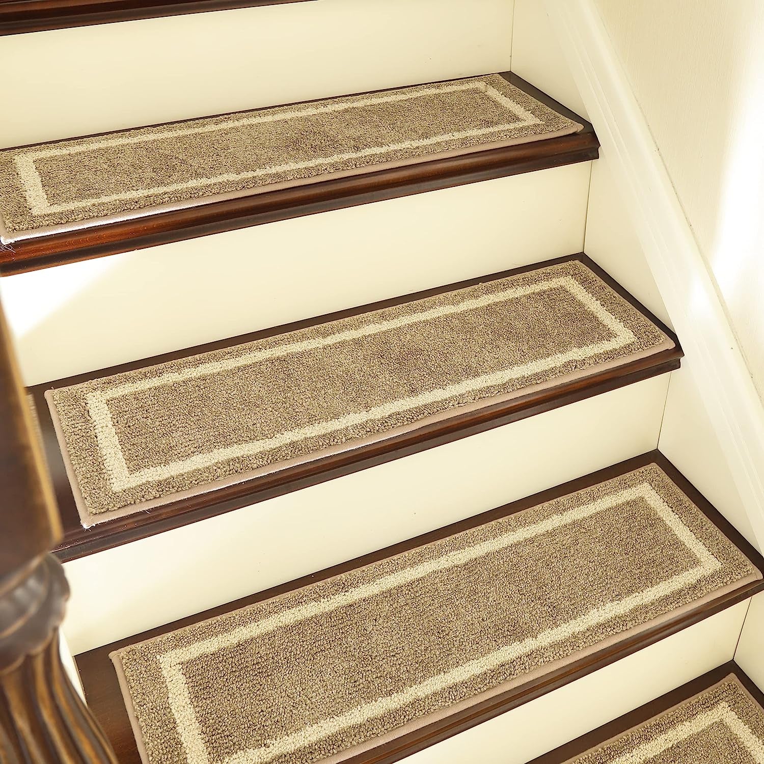 Soft Stair Treads Non-Slip Carpet Mat 28Inx9In Indoor Stair Runners for Wooden Steps,Stair Rugs for Kids and Dogs, 100% Polyester TPE Backing 10Pcs,Beige,Square