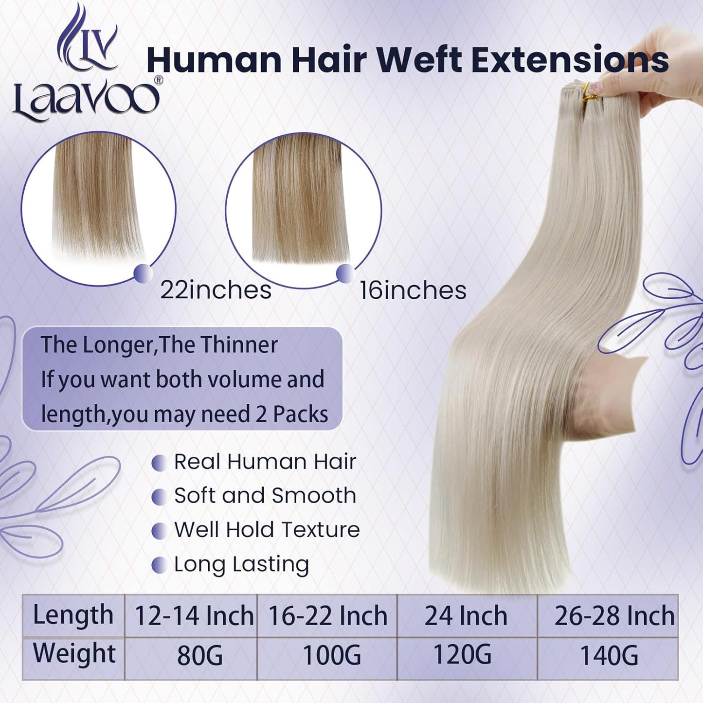 Sew in Hair Extensions Real Human Hair 24 Inch 120G Blonde Weft Hair Extensions Platinum Blonde Hand Tied Human Hair Extensions Sew in Weft Hair Extensions for Women #60