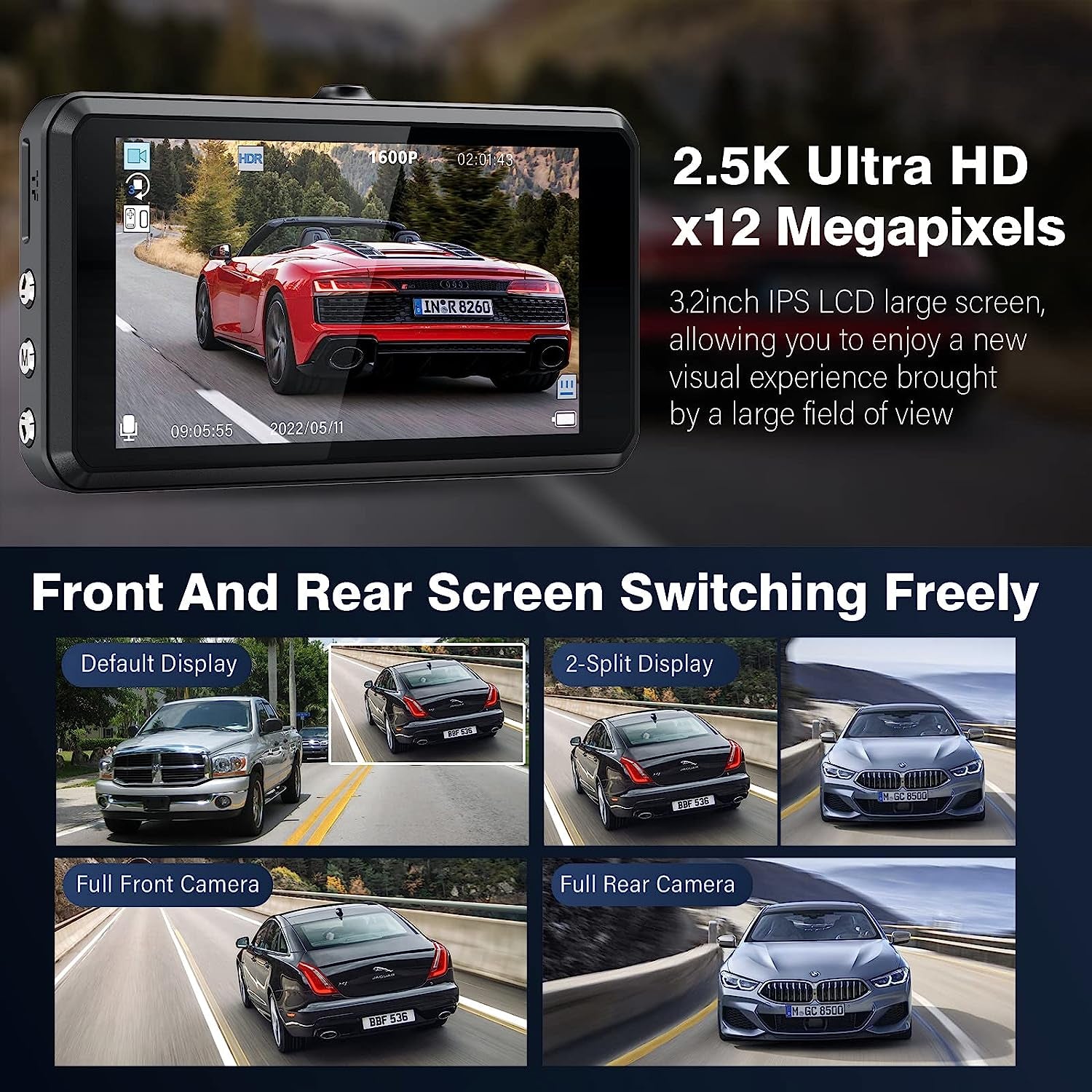 S7 2.5K Dash Cam Front and Rear,64G SD Card,1600P+1080P FHD Dual Dash Camera for Cars,176°+160° Wide Angle,3.2'' IPS Screen Dashcam,G-Sensor,Loop Recording,Wdr,Night Vision,24H Parking Monitor