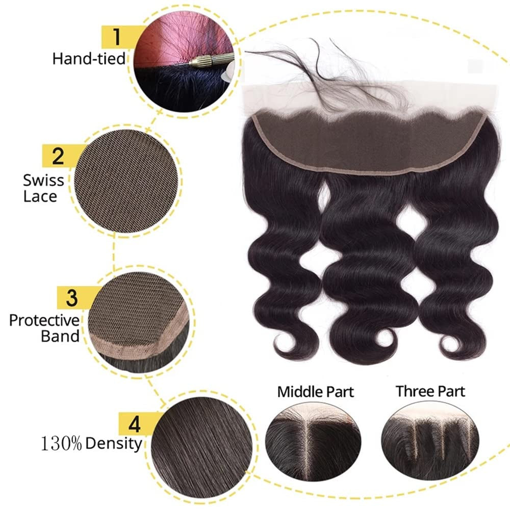 13X4 HD Lace Frontal Closures Body Wave Human Hair with Baby Hair Ear to Ear Transparent Lace Frontal Closure Human Hair 130% Density Brazilian Virgin Human Hair Pre Plucked Hairline