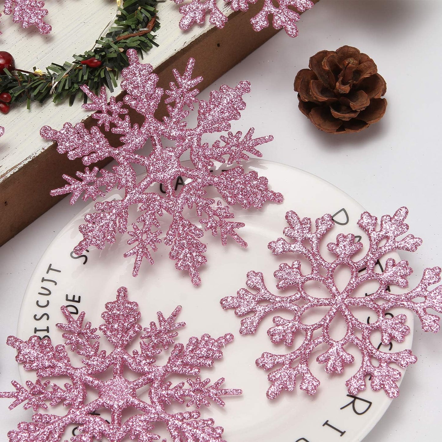 Plastic Christmas Glitter Snowflake Ornaments Christmas Tree Decorations, 4-Inch, Set of 36, Pink