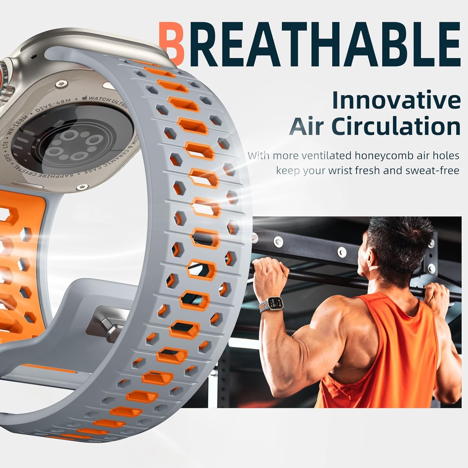 Gray & Orange 26MM Width Breathable Silicone Sport Band Compatible with 49Mm Apple Watch Ultra 2/1, 46Mm Series 10, 45Mm Series 9 8 7, 44Mm Series 6 5 4 SE 2/1, 42Mm Series 3 2 1