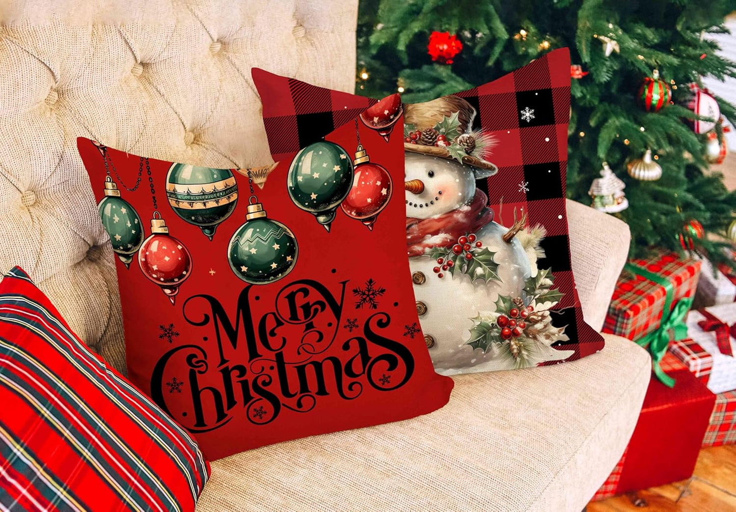 Buffalo Check Christmas Pillow Covers 18X18 Set of 4 Red Black Farmhouse Xmas Decorations Snowman Deer Joy Winter Holiday Decor Throw Cushion Case for Home Couch S24C03