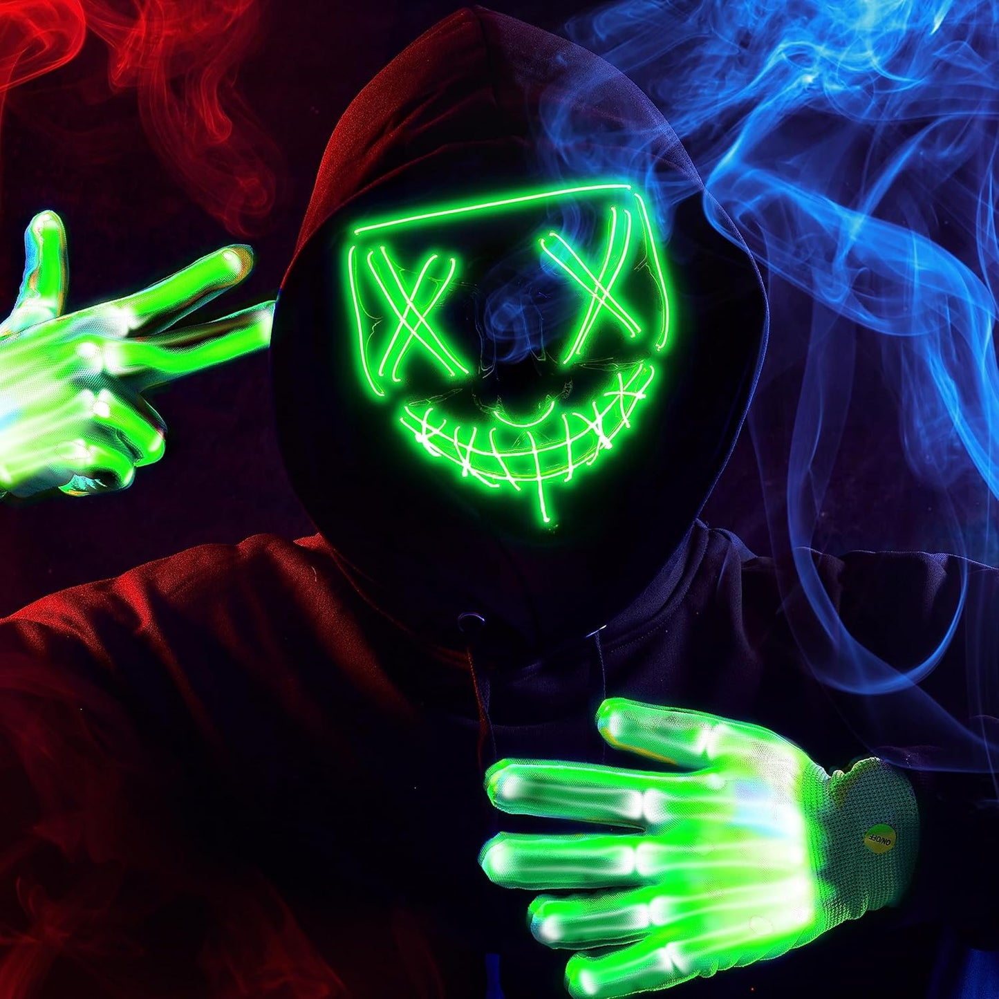 Halloween Led Mask Light up Scary Mask and Gloves Cosplay Costume (Green), Glow in the Dark Mask