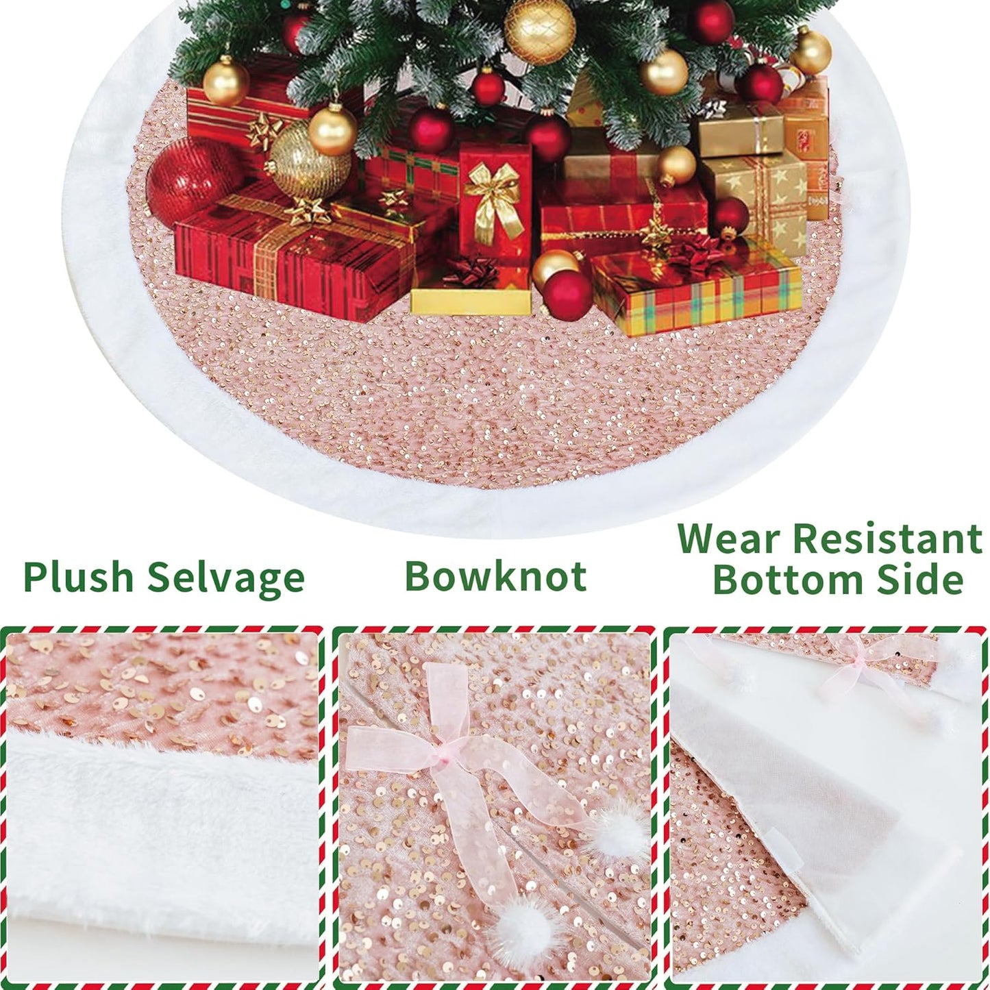 Christmas Tree Skirt, Pink Sparkly with Faux Fur Plush Christmas Decorations Tree Base Mat Thick Velvet Rugs for Xmas Party Home Decor (Pink)
