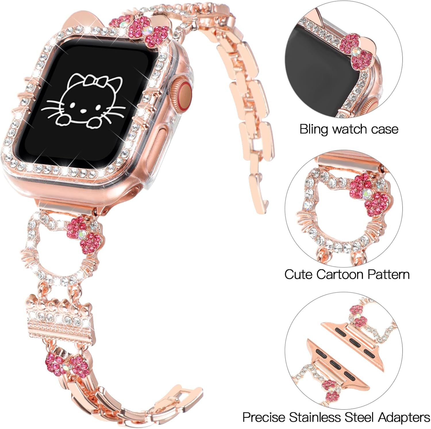 Bling Bracelet Band with Protector Case Compatible with Apple Watch Bands for Women Iwatch Series 10 46 Mm 42Mm,Series 9 8 7 41Mm 45Mm,Series 6 5 4 SE 41Mm 45Mm,Cute Cartoon Dressy Jewelry Metal Strap