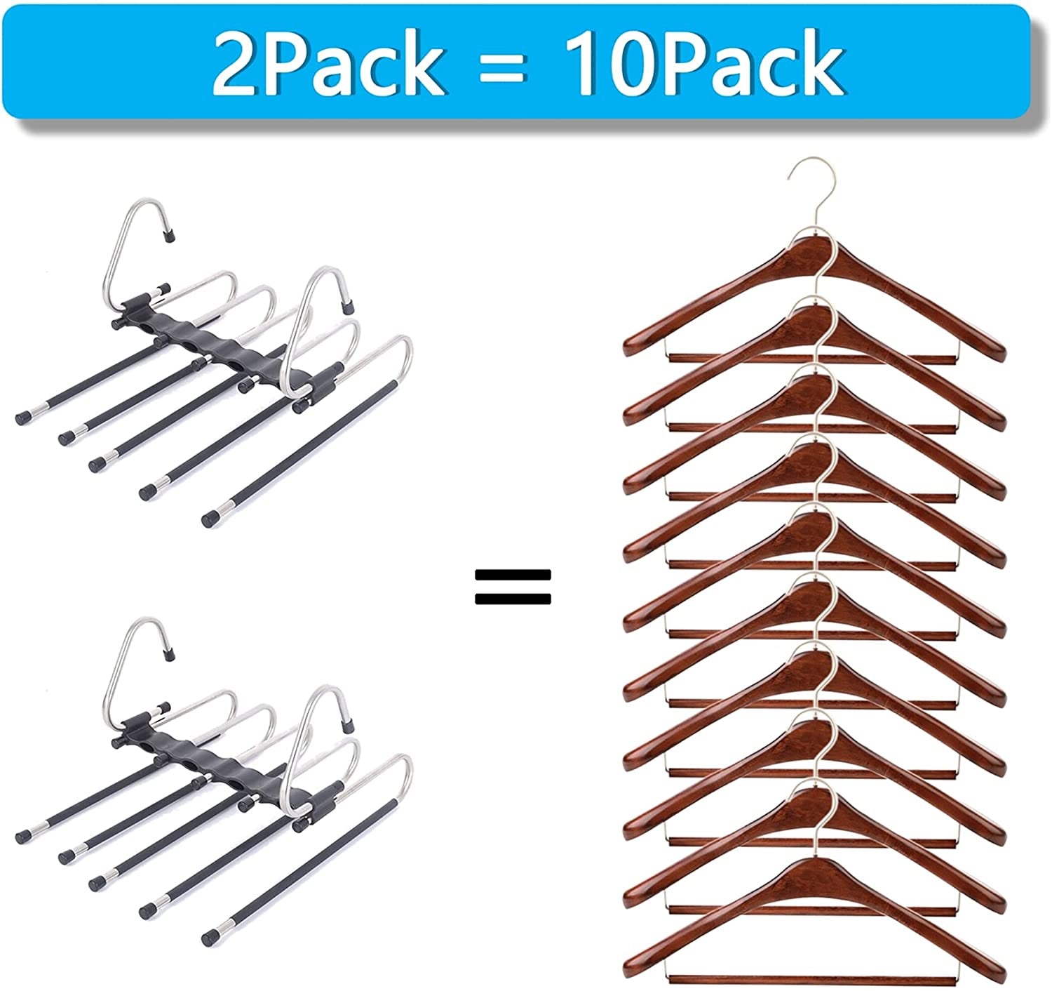 Magic Pants Hangers Space Saving - 2 Pack for Closet Multiple Layers Multifunctional Uses Rack Organizer for Trousers Scarves Slack (2 Pack with 10 Metal Clips)