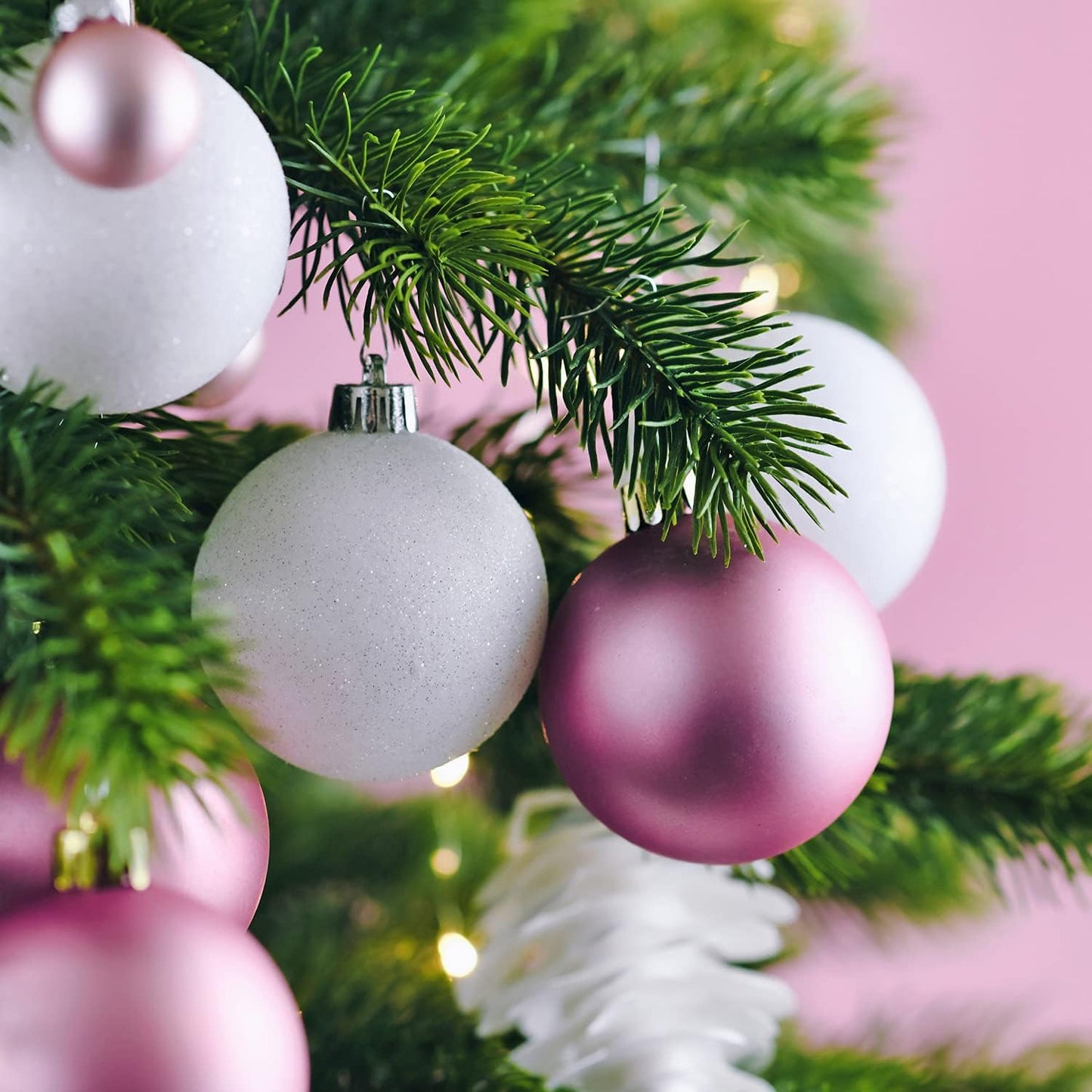 100 Pink and White Christmas Ornament Balls Shatterproof + 100 Metal Ornament Hooks, Hanging Ornaments for Indoor/Outdoor Xmas Christmas Tree, Holiday Party, Home Décor Sizes, 1.2" 1.6" & 2.4"