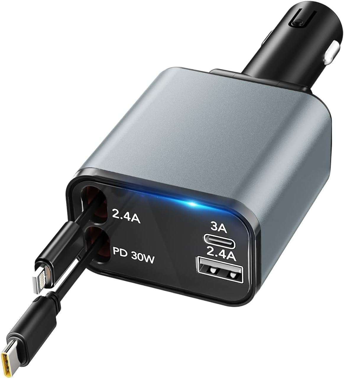 Retractable Car Charger 4 in 1, 【New-Gen Gan-Tech for Iphone Fast Charging】 Dual Cables for Lightning & USB C, USB C and USB Ports, Best Adapter Car Accessories for Iphone 16E, Men, Women