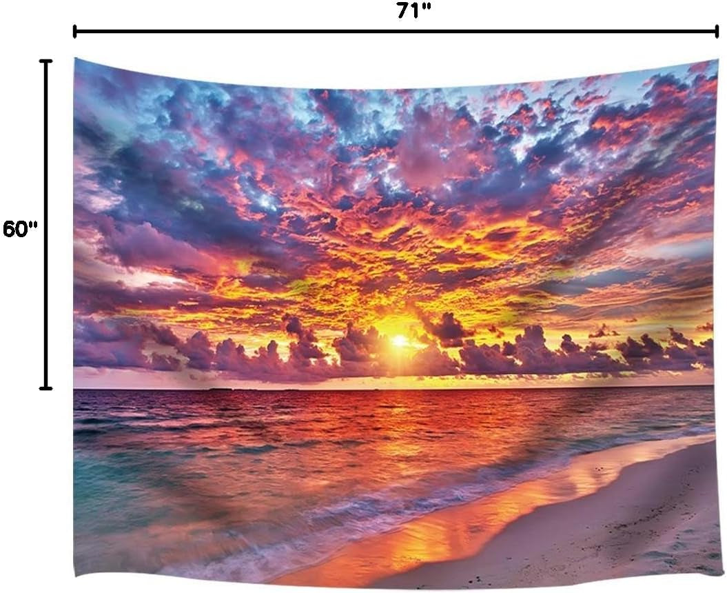 Tropical Ocean Sunset Sea Landscape Tapestry Wall Hanging Decoration, Purple Clouds and Gloden Sunshine, Wall Tapestry for Dorm Living Room Bedroom, Wall Blanket Wall Decor Wall Art Home Decor 71X60