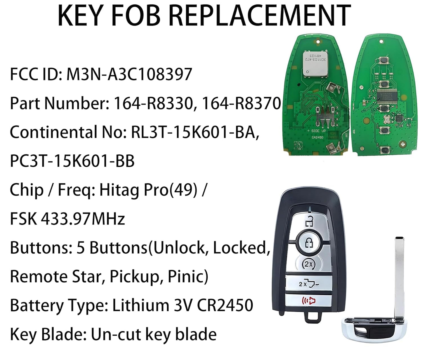 Smart Key Fob for Ford F-Series 2023-2024,  Proximity Key Fob Replacement for Ford F250 F350 F450 F550 2023-2024 M3N-A3C108397 RL3T-15K601-BA PC3T-15K601-BB 164-R8370 164-R8330