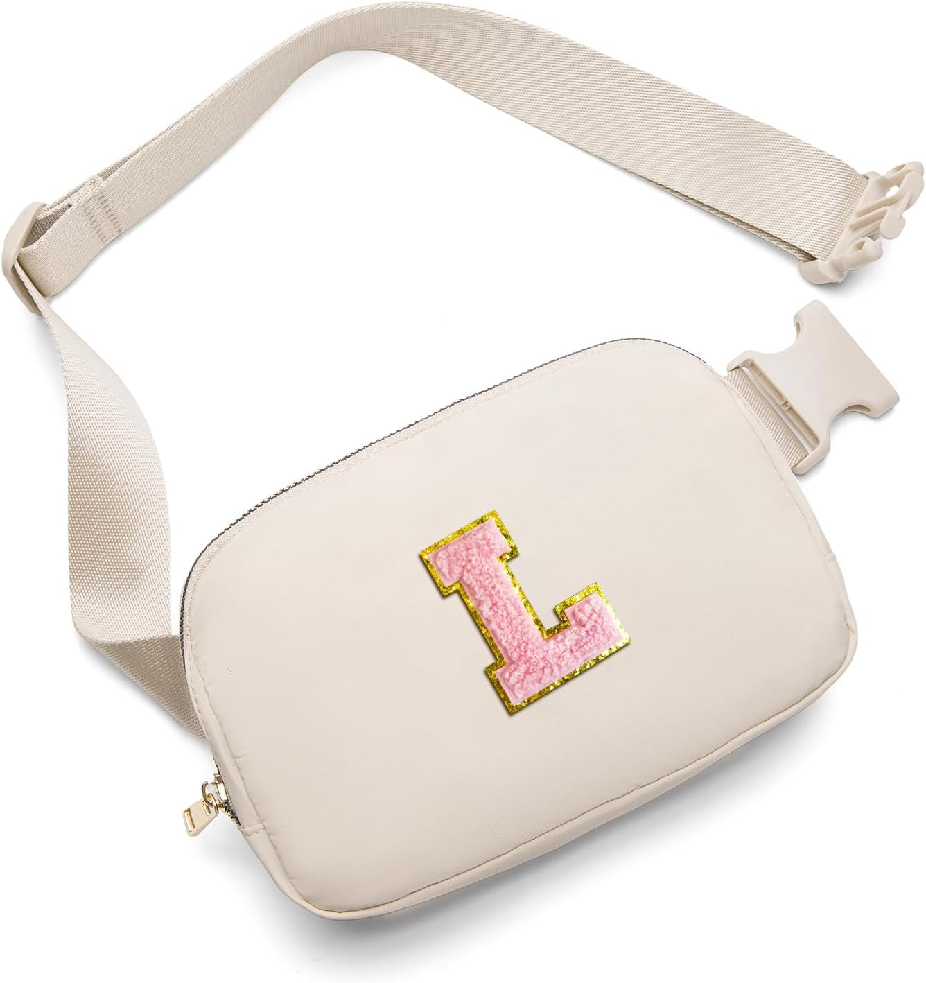 Belt Bag Fanny Pack Crossbody Bags with Initial Letter Patch Cute Stuff Birthday Gifts for Teenager Girls Cool Stuff for Teens Trendy Preppy Stuff for Teen Girls (Beige-A)
