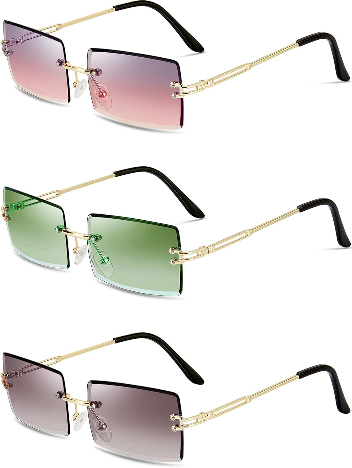 3 Pairs Rimless Rectangle Sunglasses Tinted Frameless Eyewear Vintage Transparent Rectangle Y2K Glasses for Women Men