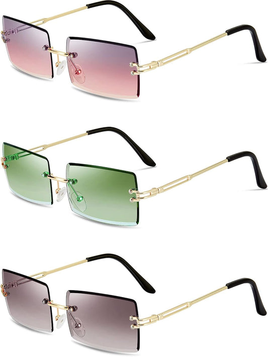 3 Pairs Rimless Rectangle Sunglasses Tinted Frameless Eyewear Vintage Transparent Rectangle Y2K Glasses for Women Men