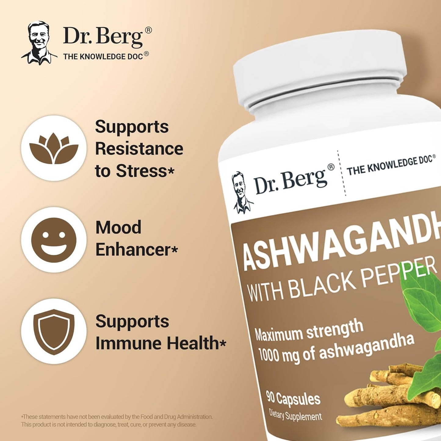 Dr. Berg Ashwagandha Capsules 1000Mg - Includes Ashwagandha Root with Black Pepper from Bioperine - Ashwagandha Supplements 90 Capsules TLBH
