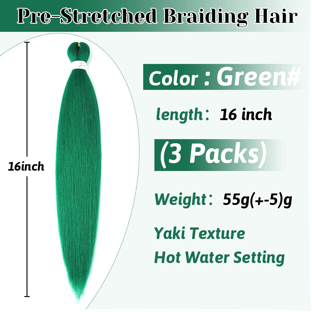 Green Braiding Hair Extensions 16 Inch Pre Stretched Braiding Hair Hot Water Setting Synthetic Hair Pre Stretched Crochet Braids Hair(16 Inch,3 Packs,Green#）
