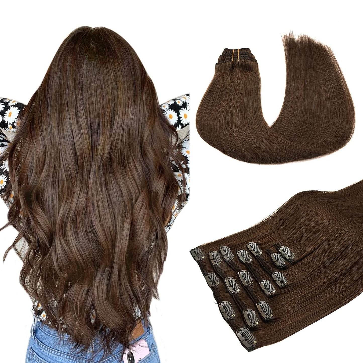 Clip in Hair Extensions Real Human Hair, 7 Pcs Chocolate Brown Hair Extensions 12 Inch 80G, Human Hair Extensions Clip Ins Remy Hair Extensions Natural Straight Hair for Woman