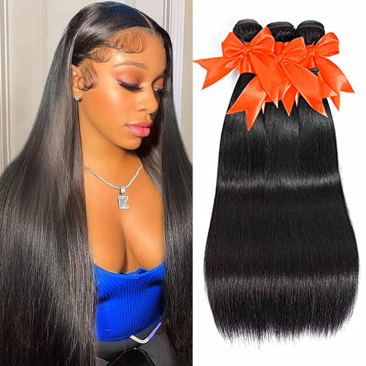 10A Straight Human Hair Bundles (14 16 18 Inch) 100% Unprocessed Brazilian Virgin Weave Bundles Human Hair Extensions Natural Color Double Weft No Split Softness Bundles Full and Thick