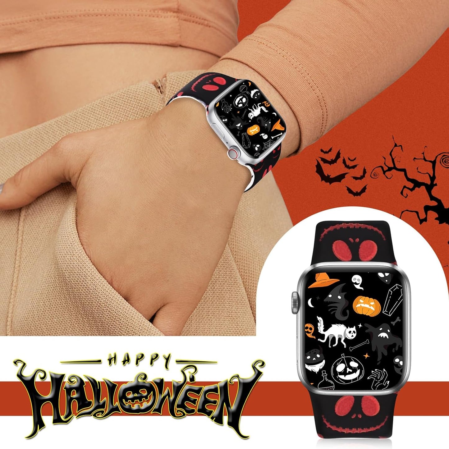 Halloween Bands Work with Apple Watch Band 38Mm 40Mm 41Mm for Women Girl, Silicone Strap for Apple Watch Bands Gift, Soft Festival Bands for Iwatch Bands Series 10 9 8 7 6 5 4 3 2 1 SE Men Boy