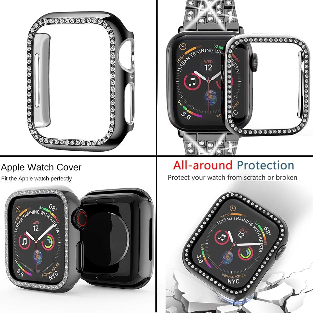 Compatible with Apple Watch Band 38Mm 40Mm 41Mm 42Mm 44Mm 45Mm 49Mm+ Case, Women Jewelry Bling Diamond Rhinestone Replacement Metal Strap& 2 Pack PC Protector Case for Iwatch Ultra 2/ Ultra Series 9/8/7/6/5/4/3/2/1/SE