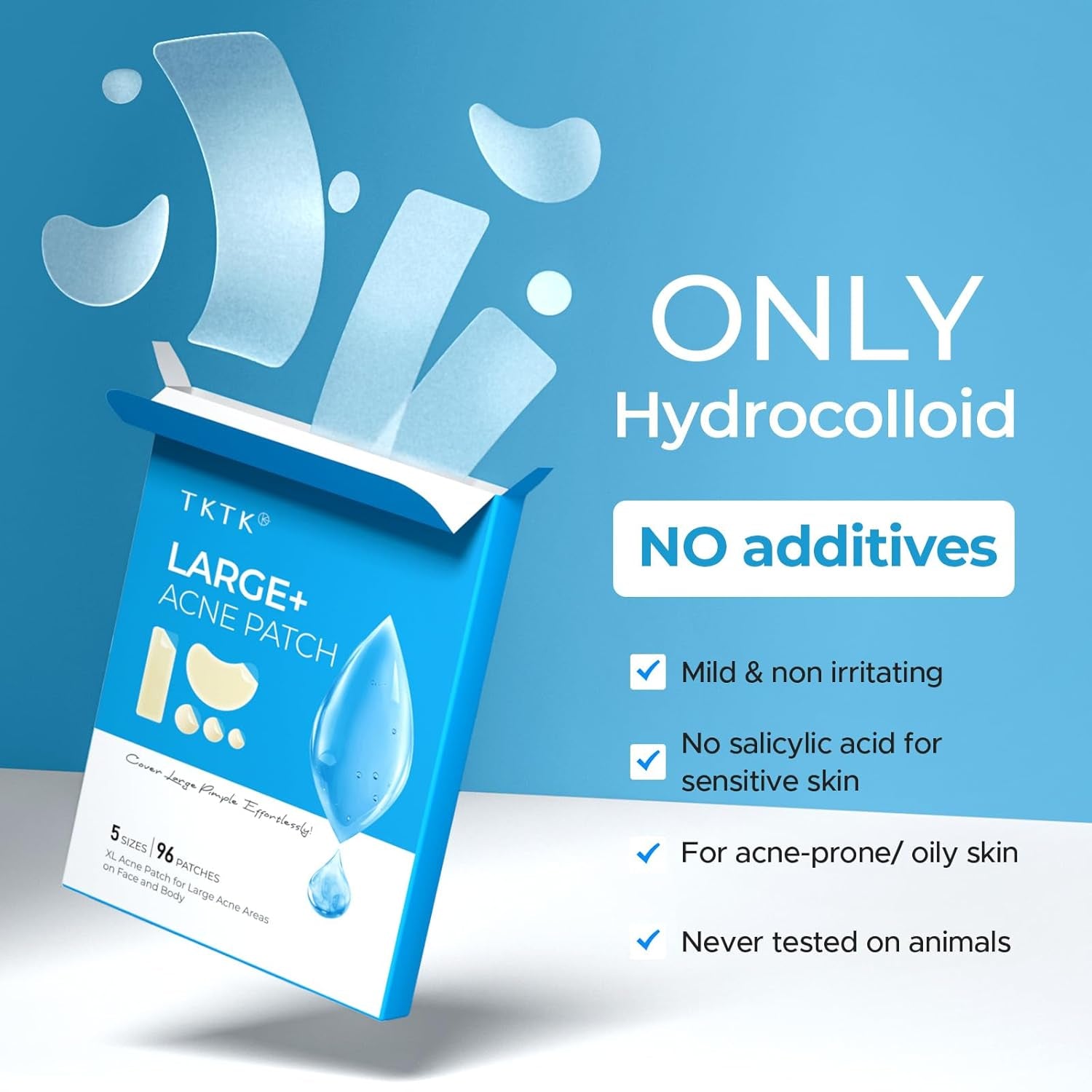 Large Pimple Patches for Face, XL Acne Patches 60 X 20 Mm, Big Hydrocolloid Bandages for Body, Forehead, Chin, Neck Zit Breakouts, Hydrocolloid Patch (Strip, Contoured, Dot 5 Sizes 96 Count)