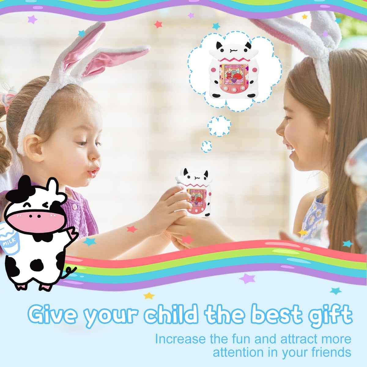 Silicone Case Compatible with Tamagotchi Pix Virtual Pet Game Machine Case, Silicone Interactive Virtual Pet Game Machine Cute Cartoon Cow Protectoive Cover with Lanyard Accessories (White) ZOUSA