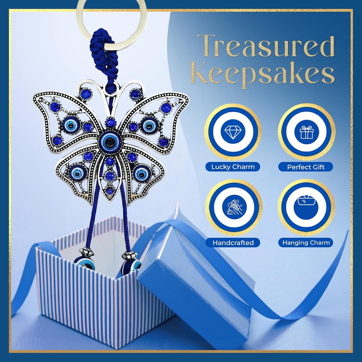 Evil Eye Keychain for Women - Blue Butterfly Keychain with Rhinestones, Purse Charms, Bag Decorations, Evil Eye Car Accessories, Rear View Mirror & Home Ornament, Evil Eye Gifts