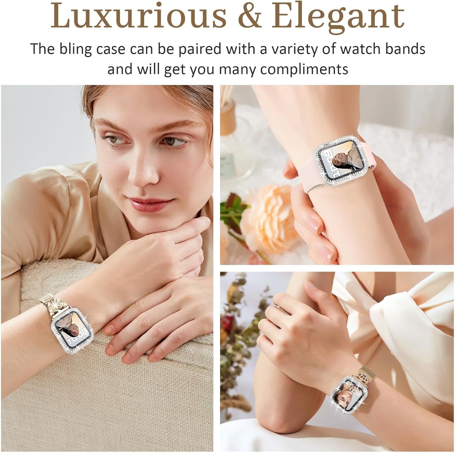 Tortoise Stretchy Watch Band with Bling Case with HD Screen Protector Compatible with Apple Watch 38Mm 40Mm 41Mm 42Mm 44Mm 45Mm 49Mm for Women for Iwatch Series 9/8/7/6/5/4/3/2/1/SE