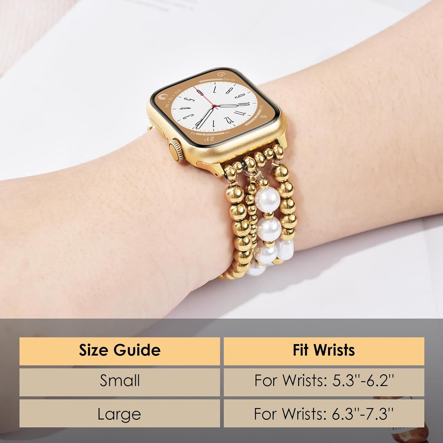 Gold Beaded Bracelets Compatible for Apple Watch Band 38Mm 40Mm 41Mm 42Mm 44Mm 45Mm Women, Fashion Handmade Dressy Iphone Watch Bands Elastic Strap for Iwatch Series SE 8 7 6 5 4 3 2 1