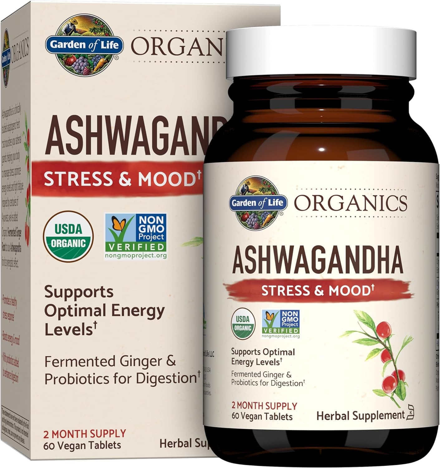Organics Ashwagandha Stress, Mood & Energy Support Supplement with Probiotics & Ginger Root for Digestion - Vegan, Gluten Free, Non GMO – 2 Month Supply, 60 Tablets TLBH