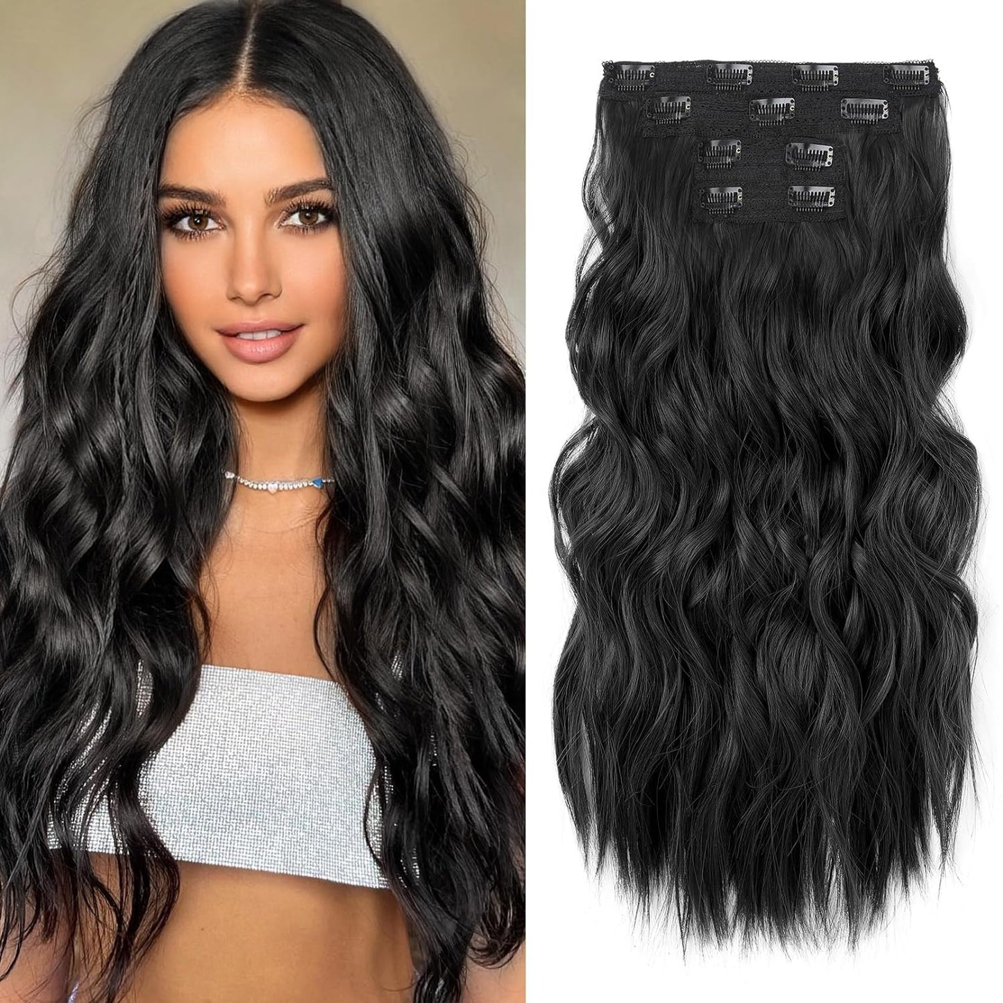 Hair Extensions, 4PCS Clip in Hair Extensions 24" Thick Long Beach Waves Black Hair Extensions HE003 Invisible Lace Weft Natural Soft Synthetic Hairpieces for Women – Black