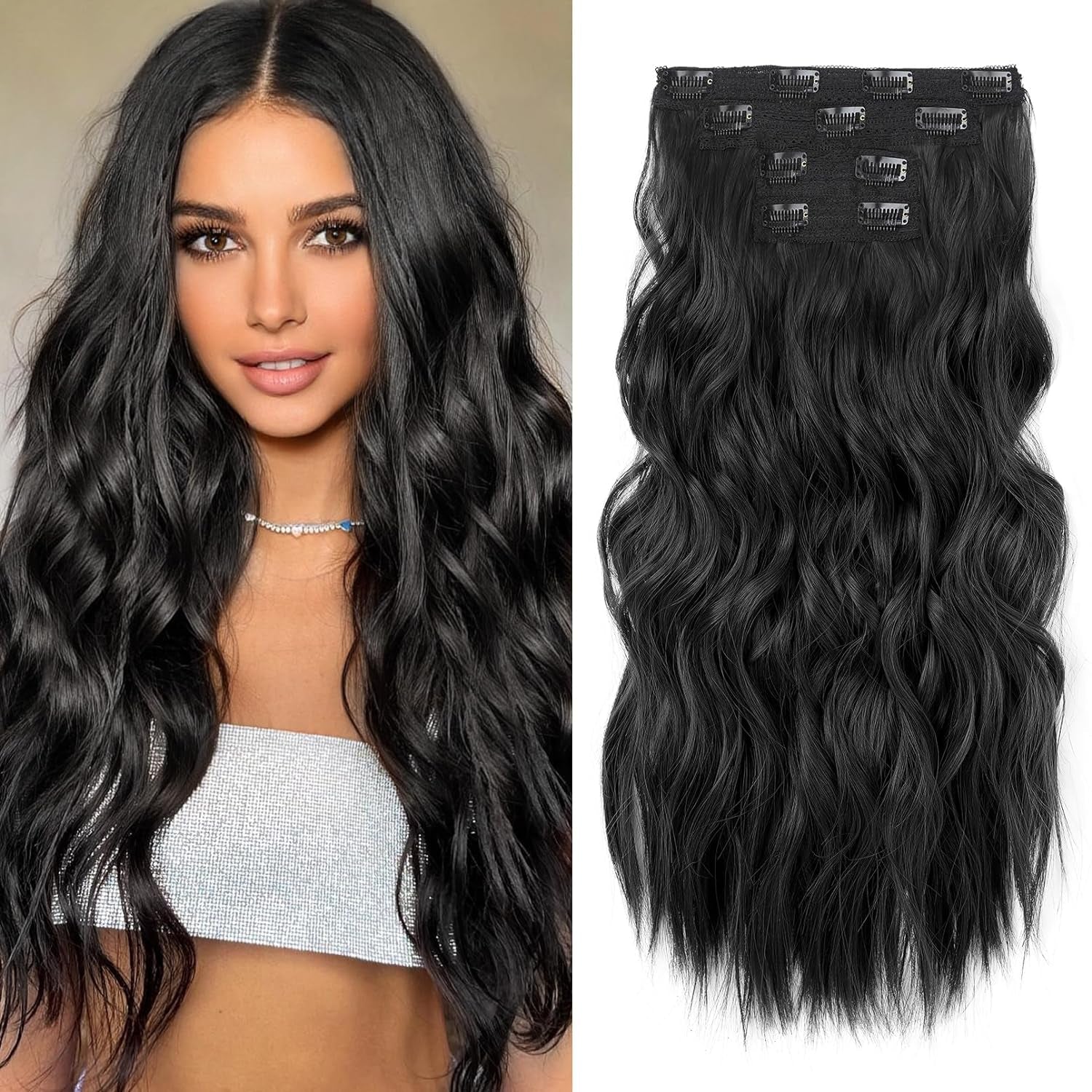 Hair Extensions, 4PCS Clip in Hair Extensions 24" Thick Long Beach Waves Black Hair Extensions HE003 Invisible Lace Weft Natural Soft Synthetic Hairpieces for Women – Black