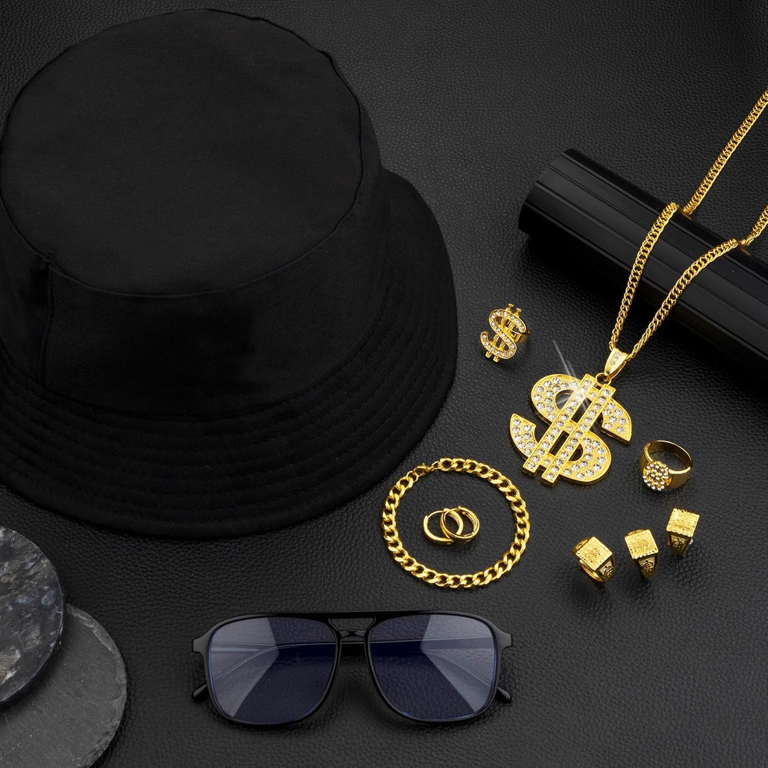80S 90S Hip Hop Costume Accessories Kit Old School Rapper Outfit Gold Rope Chain Bracelet Necklace Dollar Sign Kanji Rings Gold Hoops Jewelry Set