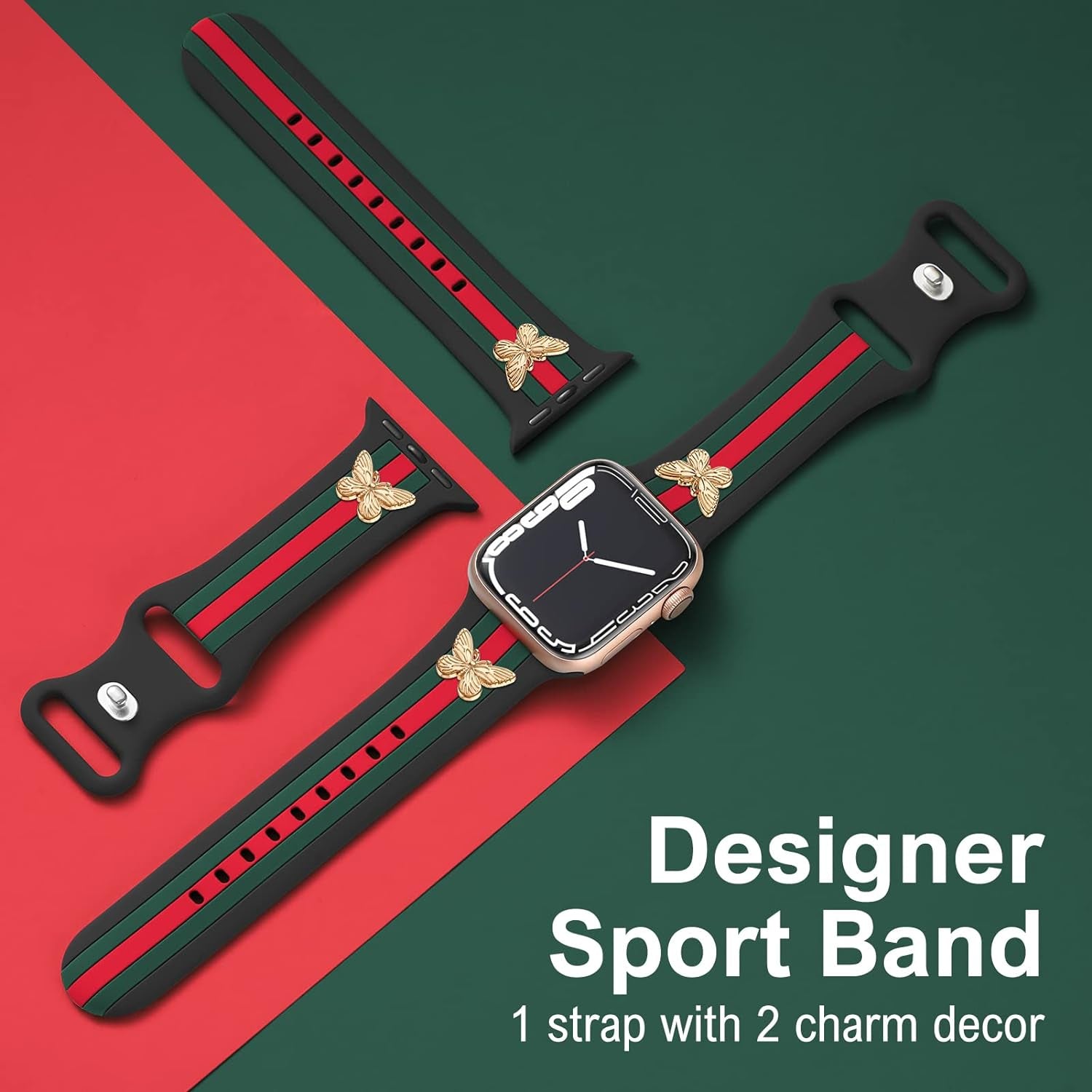 Designer Band with Charms Decor Compatible with Apple Watch Band 38Mm 40Mm 41Mm 42Mm 44Mm 45Mm 49Mm Women Men, Stylish Silicone Sport Wristbands for Iwatch Series 8 7 6 5 4 3 2 1 SE Ultra