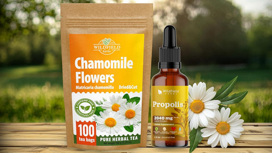 100 Bags Chamomile Tea Loose Leaf Dried Chamomile Flowers Manzanilla Tea (Matricaria Chamomilla) & Propolis Extract Drops - Propolis Tincture 2040Mg Liquid Herbal Supplement - 2 Oz, Pack of 1 TLBH