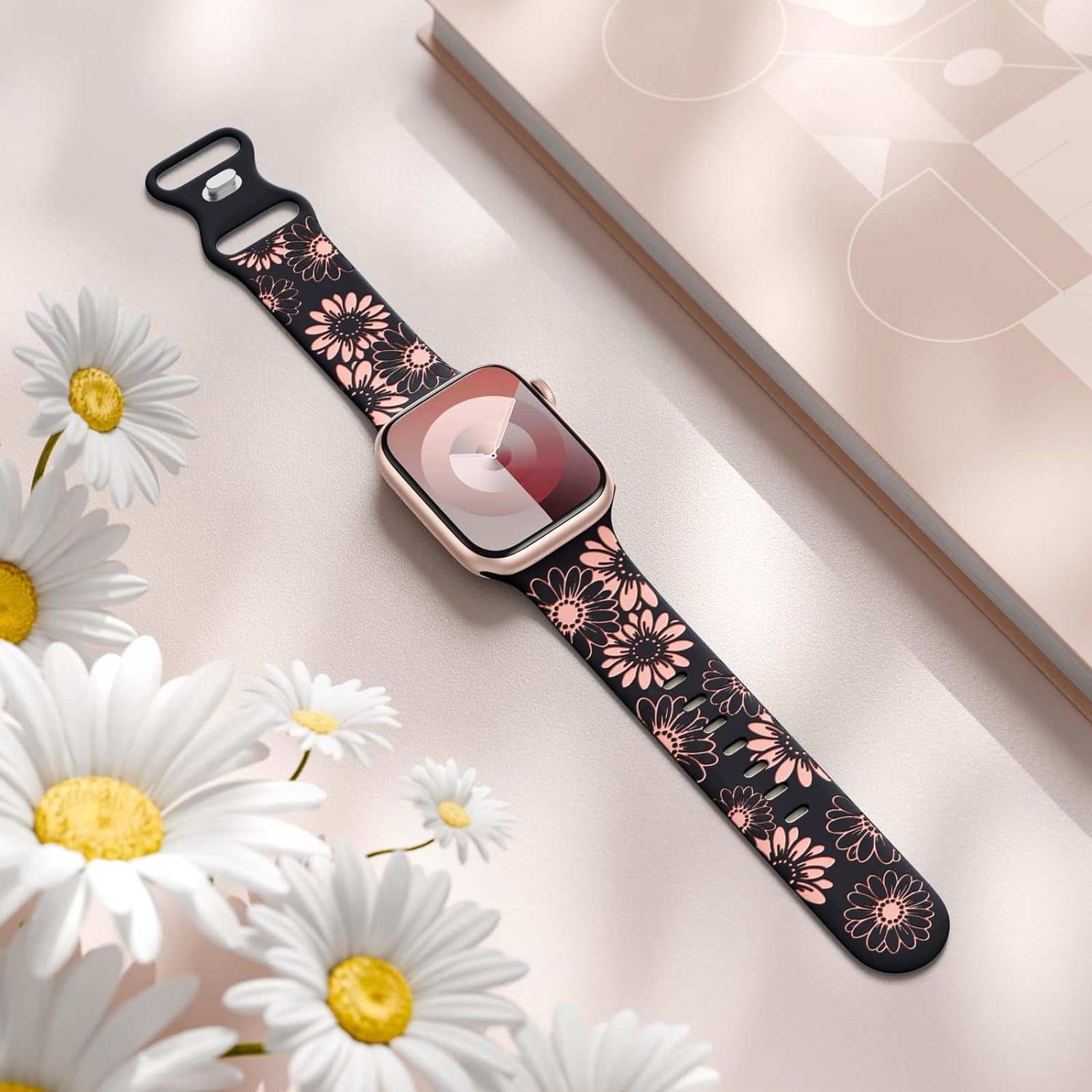 Floral Engraved Band Compatible with Apple Watch Band 40Mm 38Mm 41Mm 42Mm 44Mm 45Mm 49Mm, Soft Silicone Cute Two-Tone Flower Sport Strap for Iwatch Bands Women Series 9 8 7 6 5 4 3 2 1 SE Ultra Ultra 2