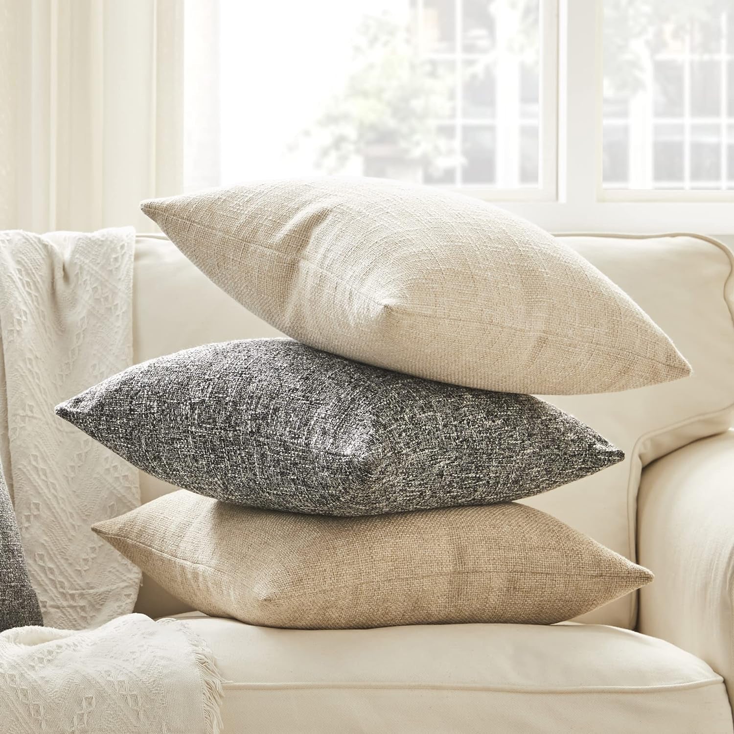 Set of 2 Black Grey Pillow Covers 18X18 Inch Rustic Linen Square Decorative Throw Pillow Covers for Sofa Couch Farmhouse Home Decorations