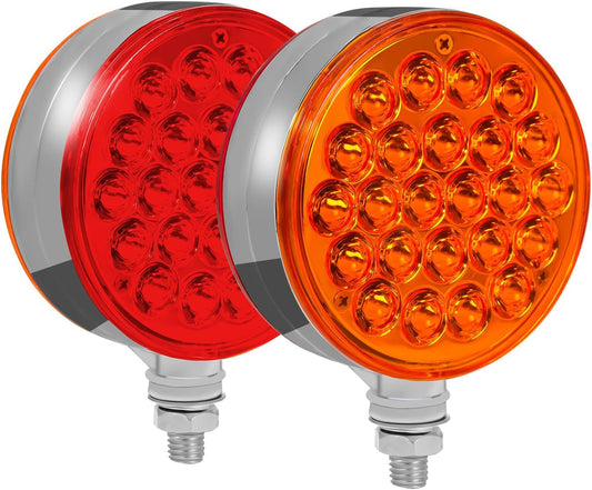 4" round Pedestal Fender Lights, 48 LED Double Face Turn Signal Light for Semi Truck Trailer Towing, 2PCS Amber Red Marker Tail Light for Tractor RV Brake Running Turning TRUCK DRIVER