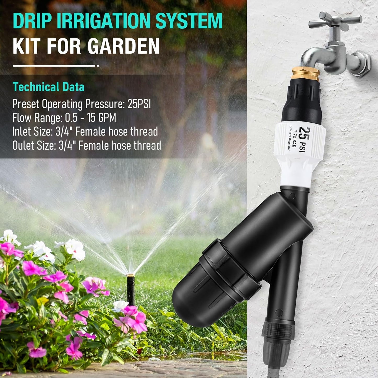 Drip Irrigation Pressure Regulator and Filter, 25 PSI Water Backflow Preventer for 3/4'' Garden/Faucet Hose Thread and Drip Irrigation Inline Y Filter, 3/4" X 3/4" FHT Hose Thread Connections ZOUSA