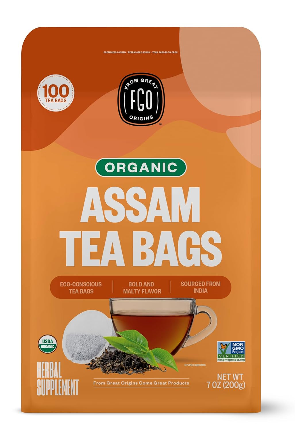 Organic Tulsi Holy Basil Tea, 100 Count, Eco-Conscious Herbal Tea Bags, Resealable Bag, Caffeine Free, Packaging May Vary (Pack of 1) TLBH