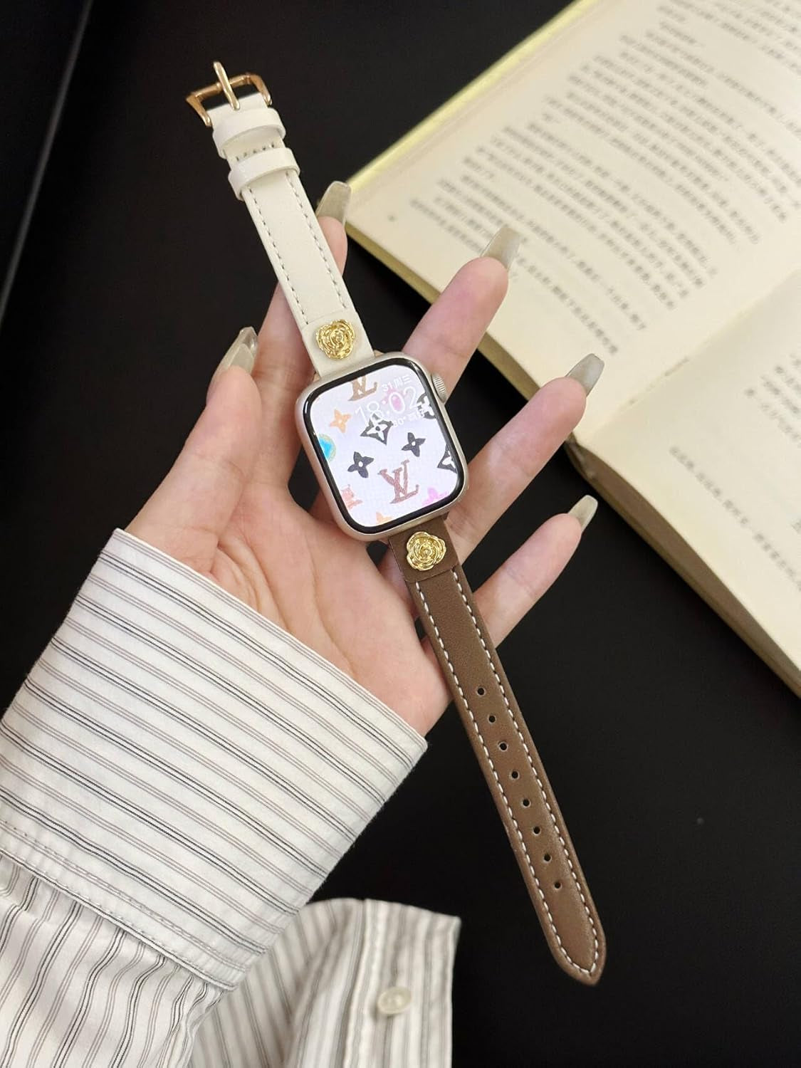 Leather Band with Rose Charm Compatible with Apple Watch Bands for Women 38/40/41/42/44/45/46/49Mm Dressy Slim Leather Strap for Iwatch Series 10/9/8/7/6/5/4/3/2/1/Se/Ultra 2