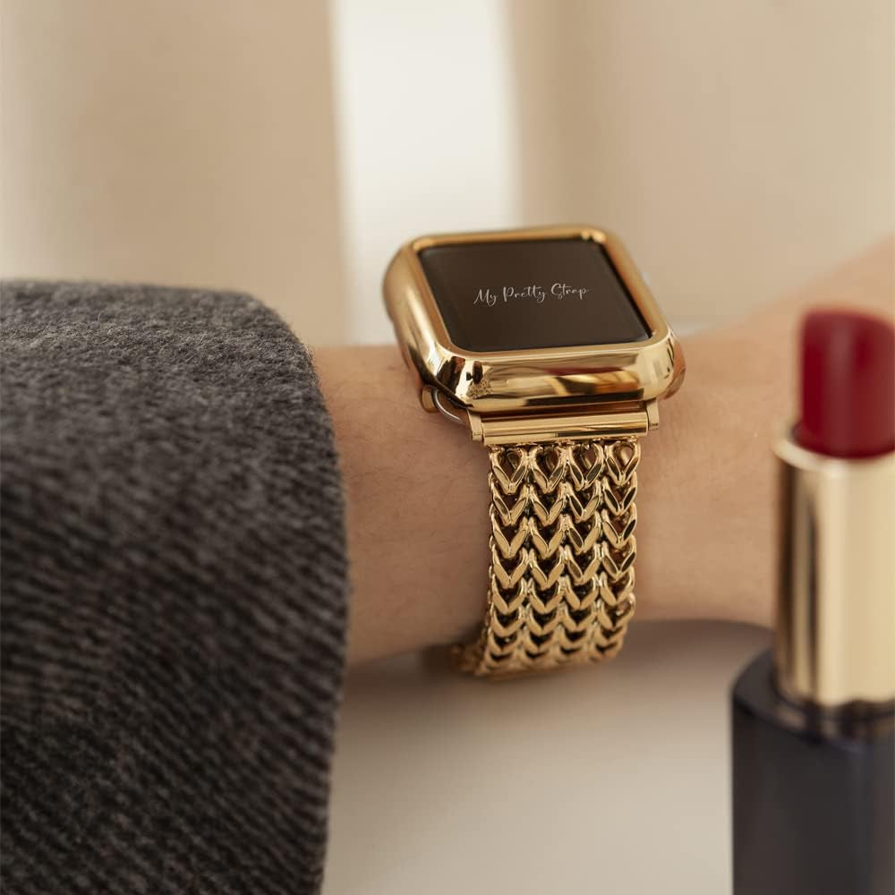 Gold Apple Watch Band & Glossy XOXO Protective Case Bundle – Elegant Stainless Steel Strap & Luxury Metal Cover for Apple Watch Series 1-10, SE & Ultra (38MM/40MM/41MM) Mermaid