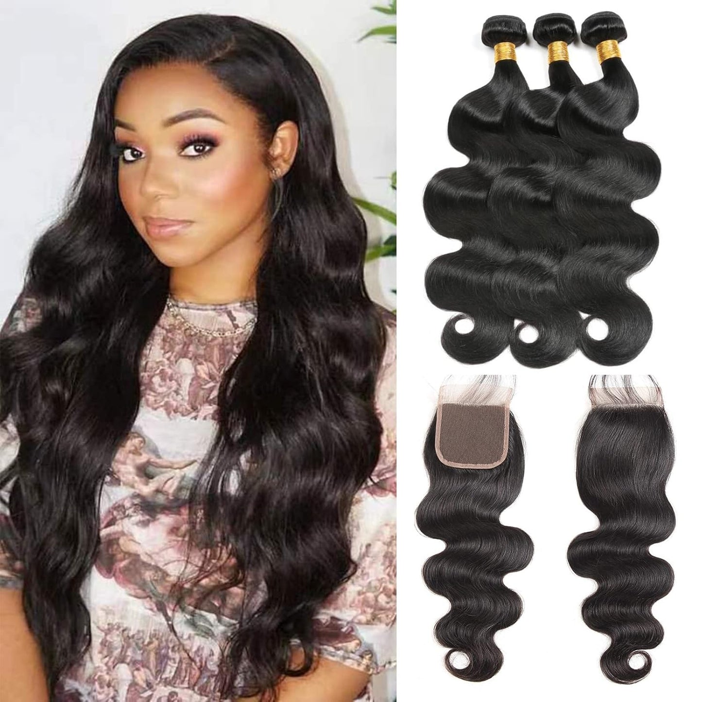 Body Wave Human Hair Bundles with Closure 100% Unprocessed Brazilian Virgin Human Hair 3 Bundles Body Wave with 4X4 Free Part Lace Closure Natural Black Hair Extension