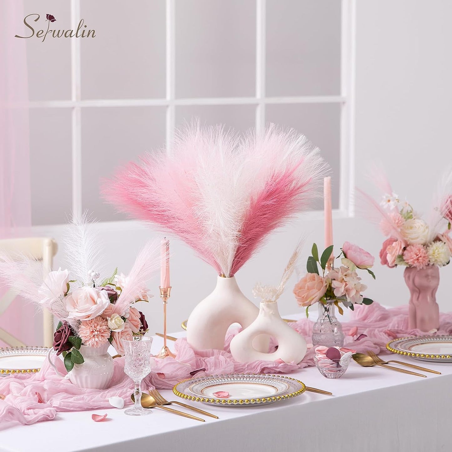 Pampas Grass Pink Decor 17.7 Inch 6Pcs, Faux Pampas Grass Home Decor, Artificial Pampas Grass Blush Fake Pampas, Short Vase Room Christmas Decoration