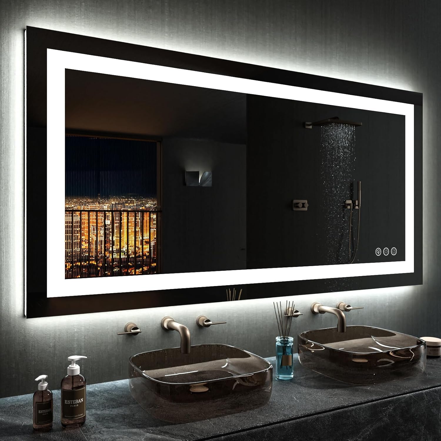 60”X30“ RGB LED Bathroom Mirror with Lights for Bathroom, Anti-Fog, Dimmable，Multiple Light Modes, RGB Backlit + Front Light, Memory Function, Tempered Glass