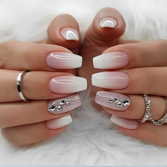 Press on Nails Medium Coffin Nude Natural Rhinestone Gradient Pink Glitter Fake Nails Acrylic False Nail Tips Kit Glue on Nails for Women