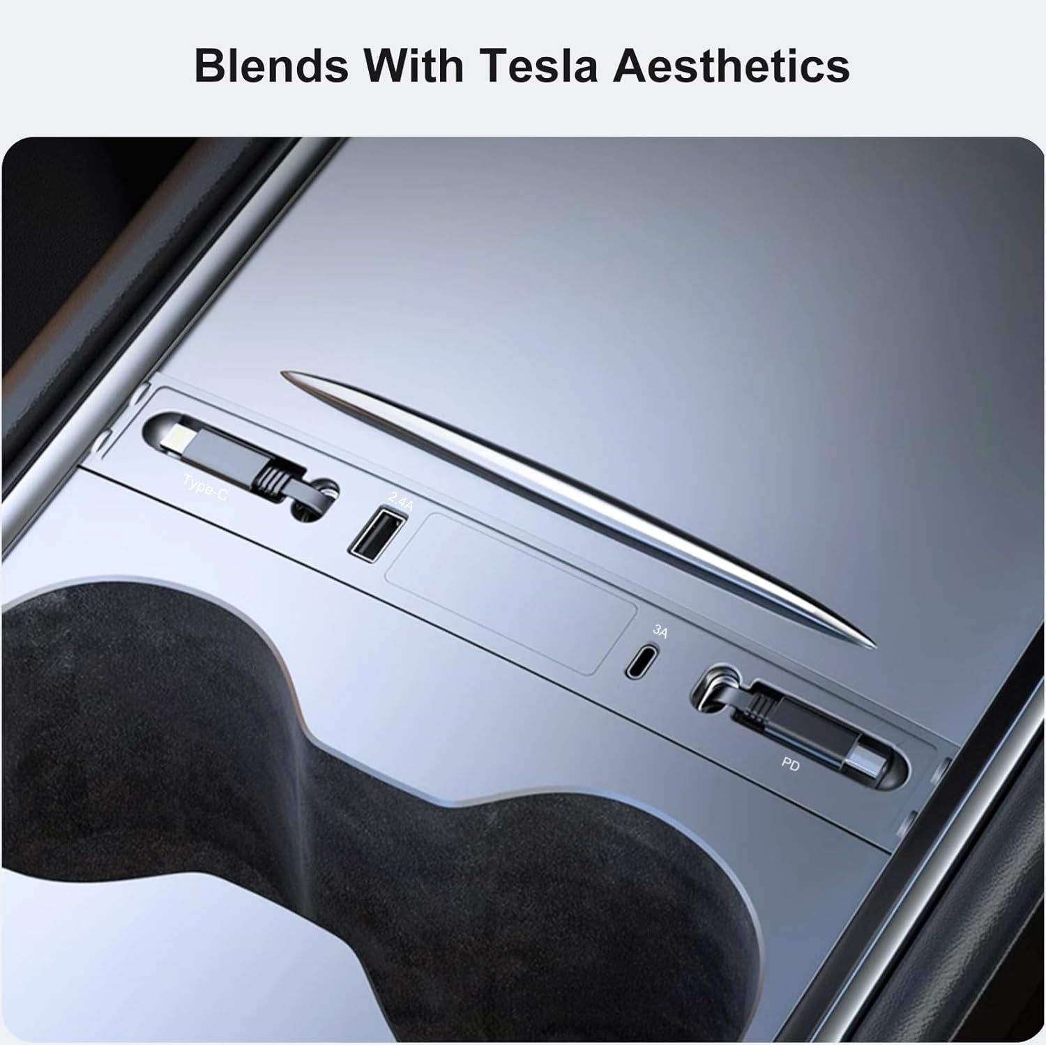 Retractable USB Hub for 2021-2024 Tesla Model Y & 2021-2023 Model 3 Center Console with Fast Charging and Built-In Charging Cables, Accessories for Tesla Model 3 and Model Y 2024 2023